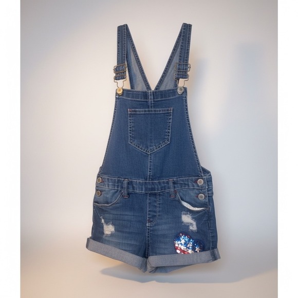 Girls Denim Shortalls Medium Wash Distressed American Flag Sequin Heart Overalls - Picture 2 of 3